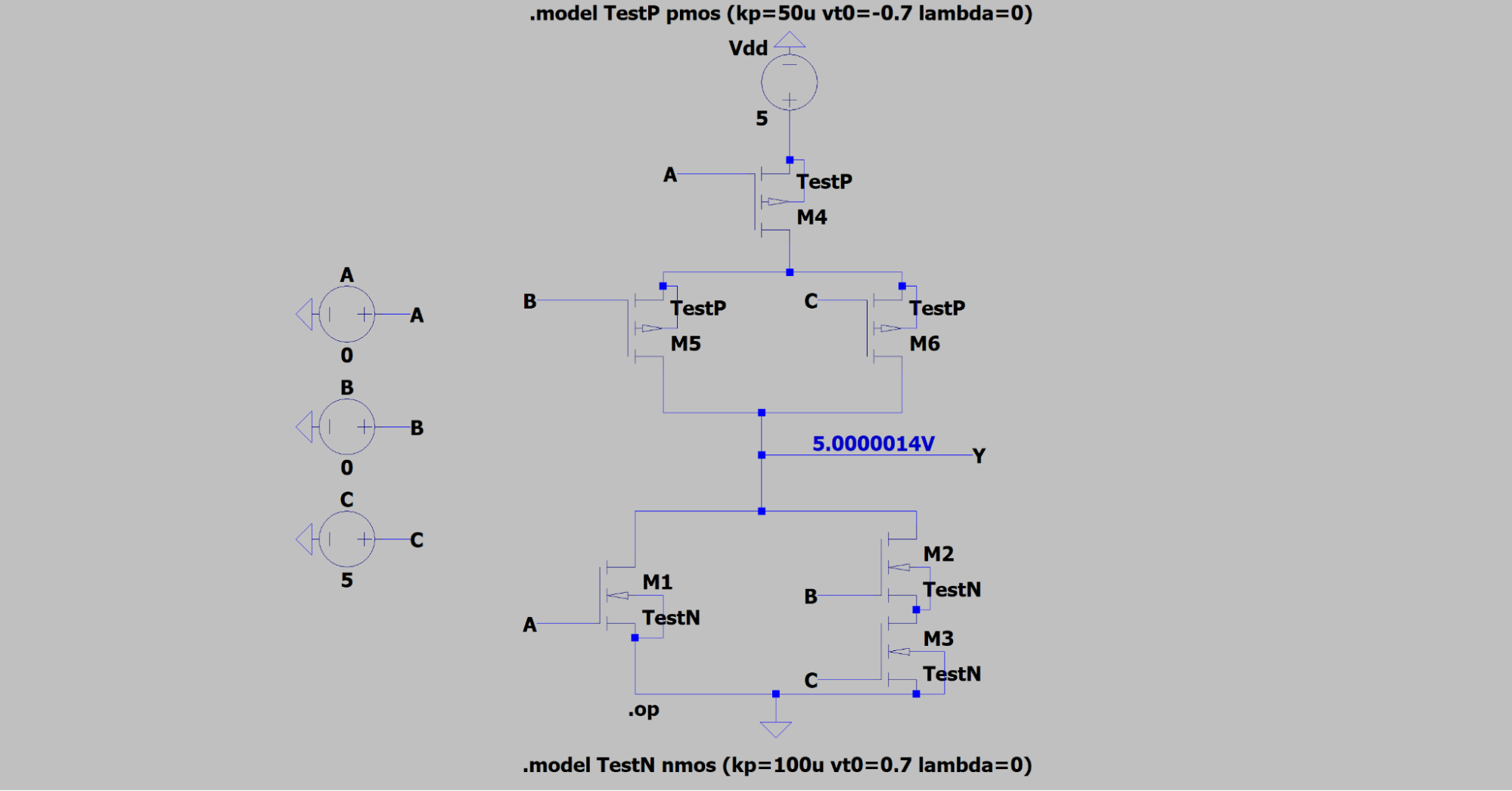 Logic gate with A=0V, B=0V, C=5V giving Y = 5 V