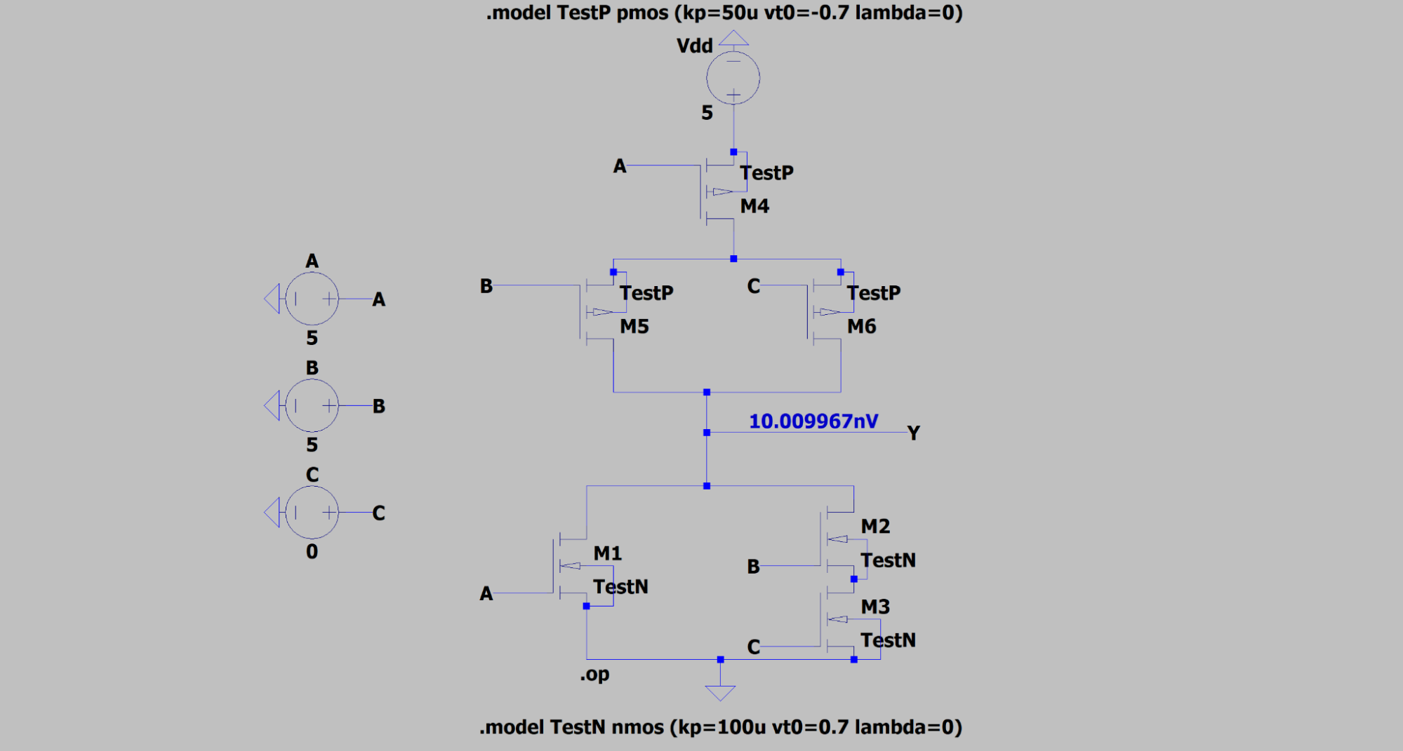 Logic gate with A=5V, B=5V, C=0V giving Y = 10 nV